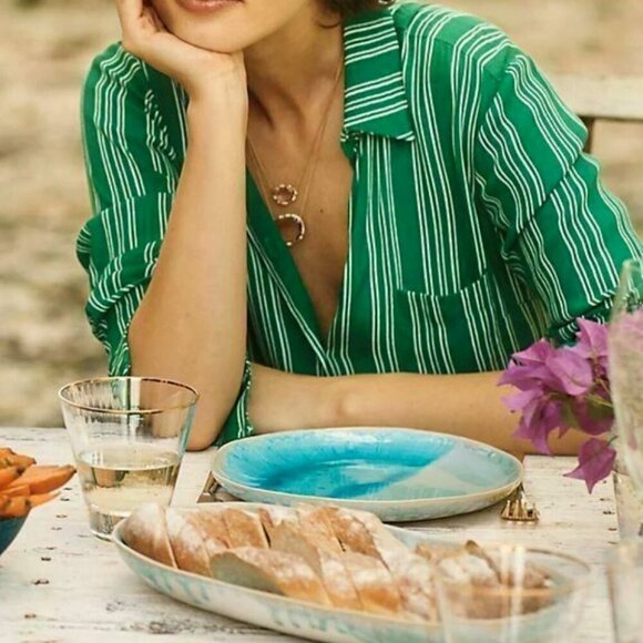 Anthropologie Belted Shirt Dress 0 Green Striped Long Sleeve Midi Lightweight - Picture 8 of 8